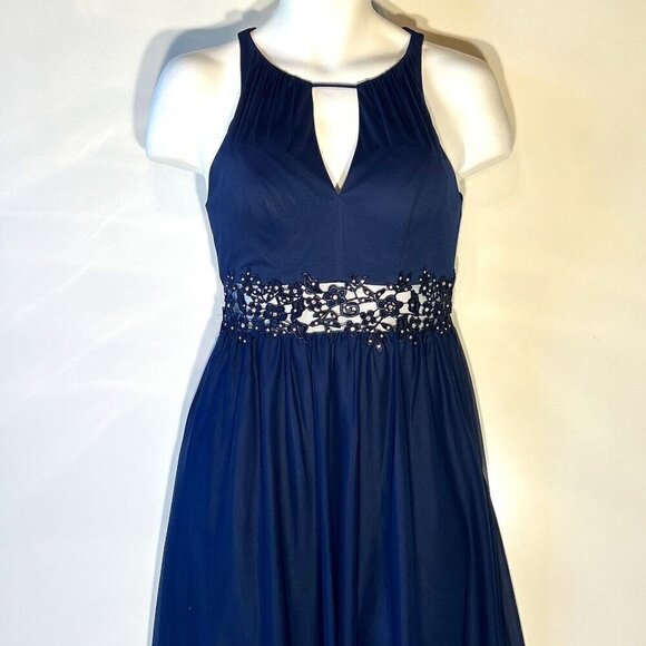 David's Bridal SZ 4 Matine Navy Gown Grecian Style Open Lace Formal Bridesmaid - Picture 3 of 11